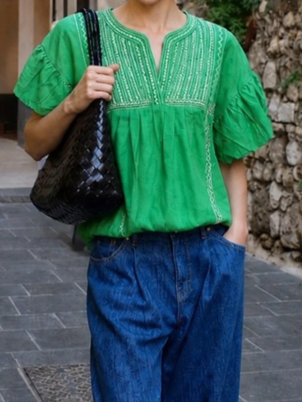Anthropologie Blue Tassel Brand Embroidered Green Peasant Top - Picture 1 of 12